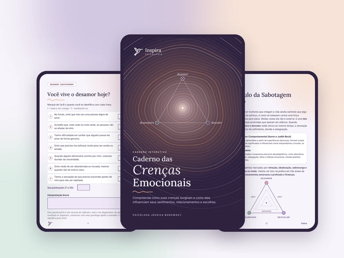 Caderno das Crenças Emocionais: capa e páginas internas do material interativo, por Jéssica Borowsky